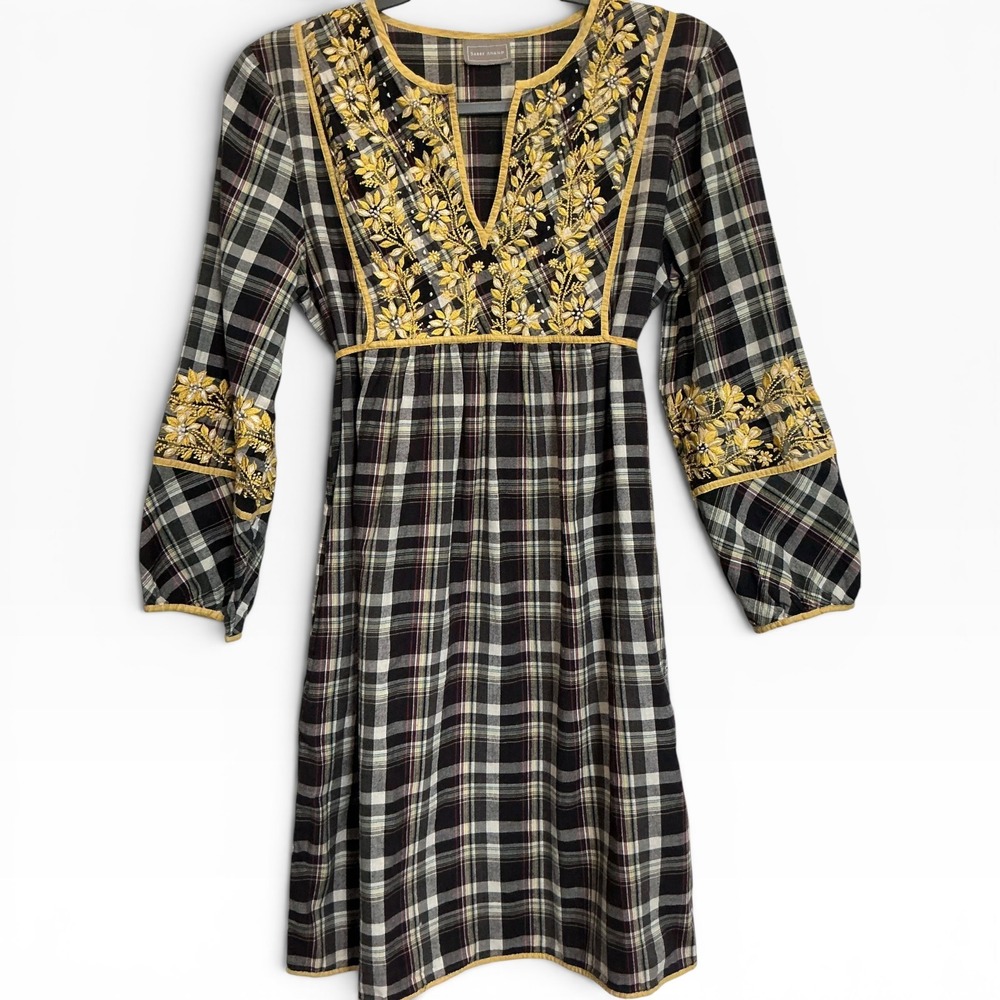 Sabby‎ Anand Embroidered Plaid Boho Prairie Mini Dress India Cottagecore Small